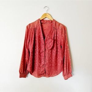 70s Mauve Pink Shiny Girl Dinner Print Blouse | Small